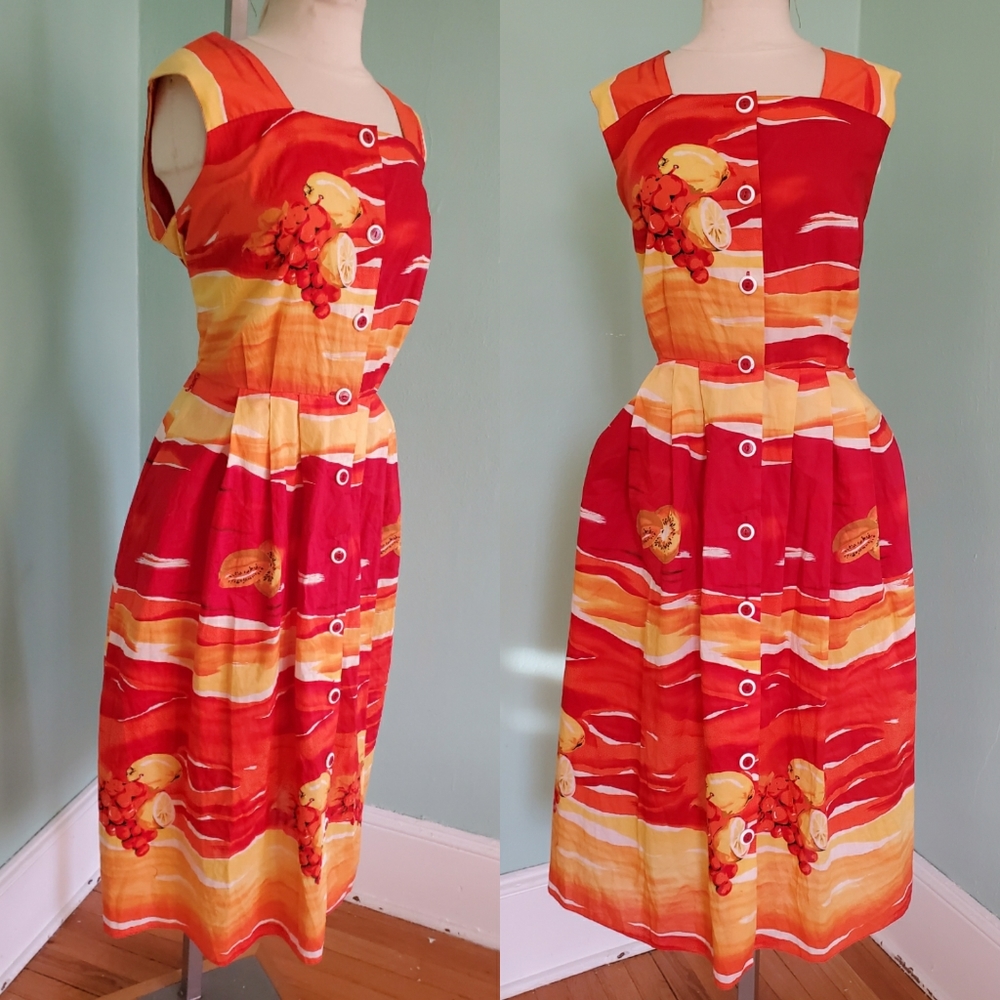 Vintage 80s Fruit Print Cotton Dress XL pin Up